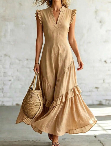 Vestido Largo Gasa Volados Elisa Marrón Gasa M