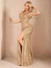 Vestido Largo Fiesta Elegante Lentejuelas Tajo Sirena Kica Dorado Lentejuelas L