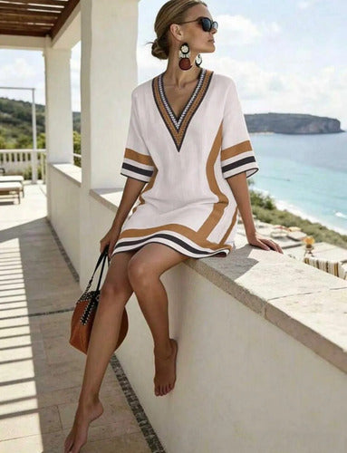 Vestido Corto Túnica Playa Verano Casual Elisa Beige- Marron Gasa 40/42