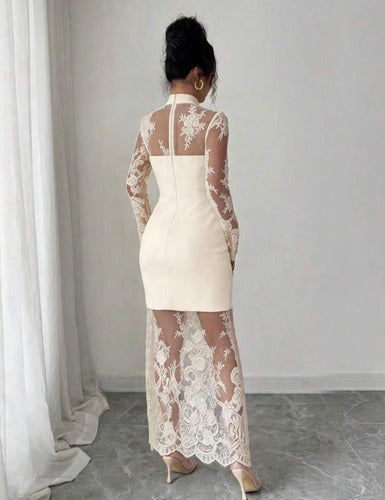 Vestido Fiesta Encaje Claro Boda Kica Beige Encaje L