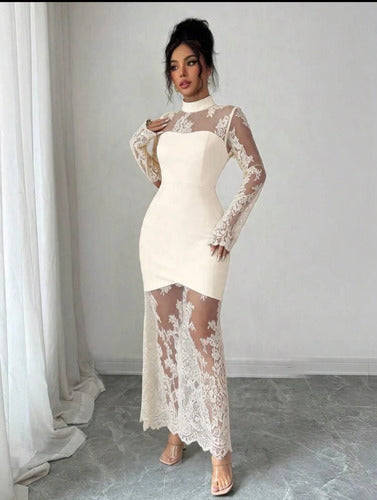 Vestido Fiesta Encaje Claro Boda Kica Beige Encaje L