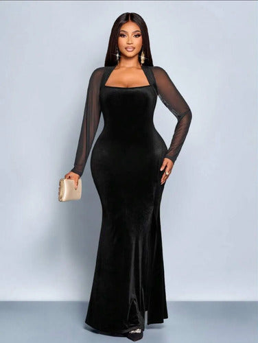 Vestido Largo De Fiesta Terciopelo Ajustado Negro Terciopelo 1xl