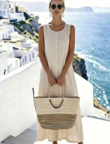 Vestido Largo Lino Botones Perlados Elisa Beige Lino L
