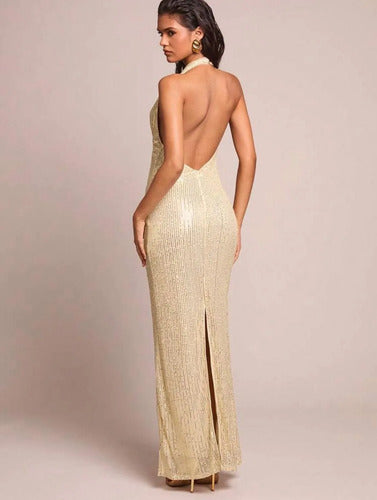 Vestido Largo Fiesta Lentejuelas Espalda Descubierta Kica Dorado Lentejuelas M