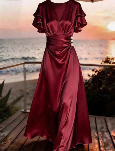 Vestido Fiesta Saten Escote V Elegante Volados Elisa