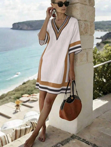 Vestido Corto Túnica Playa Verano Casual Elisa Beige- Marron Gasa 40/42