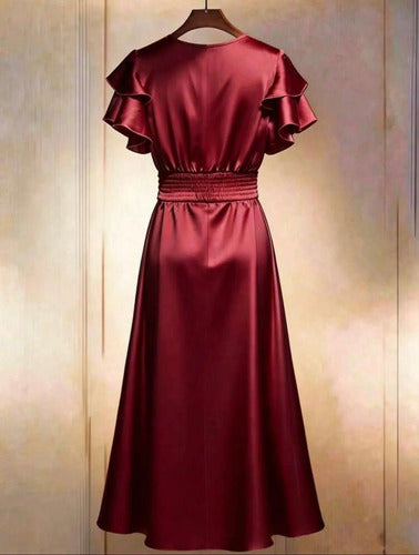 Vestido Fiesta Saten Escote V Elegante Volados Elisa