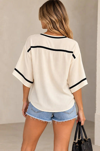 Blusa Casual Cómoda Suelta Elegante Elisa Beige Líneas Negras M