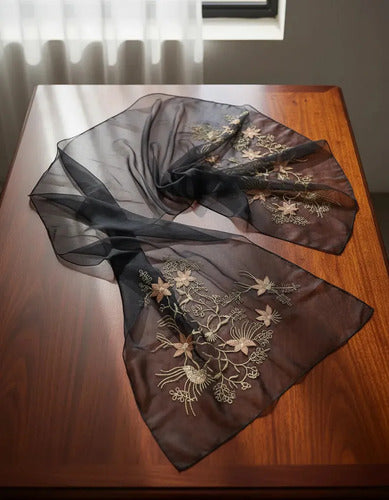 Chal Fiesta Translucido Bordado Amplio Pashmina Negro Bordado Unico