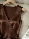 Vestido De Fiesta Corto Raso Cuello V Con Detalle Kica Chocolate Raso S