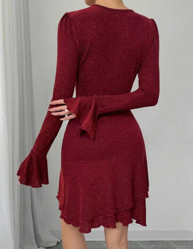 Vestido Fiesta Volados Brilloso Kica Bordó Fibrana L