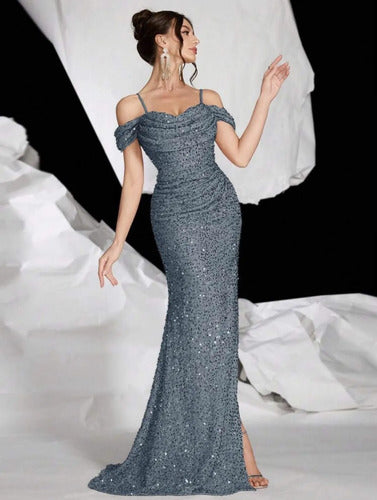 Vestido Largo Fiesta Elegante LentejuelasTajo Sirena Kica Malva Lentejuelas M