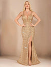 Vestido Largo Fiesta Elegante Lentejuelas Tajo Sirena Kica Dorado Lentejuelas L