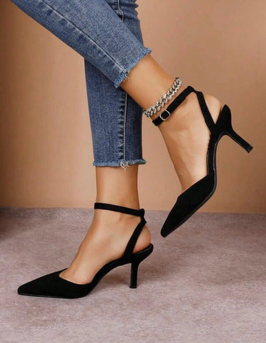 Zapato Stiletto Charol Pulsera Taco Trompeta Medio Kica Negro Gamuza 37.5 Eu