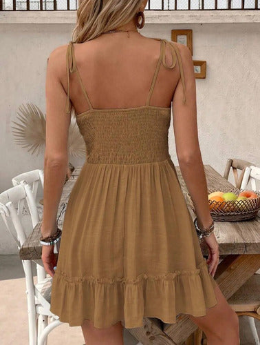 Vestido De Playa Mujer Sin Mangas Corto Estampado Marrón Gasa Encaje M