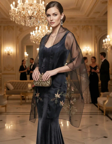 Chal Fiesta Translucido Bordado Amplio Pashmina Negro Bordado Unico