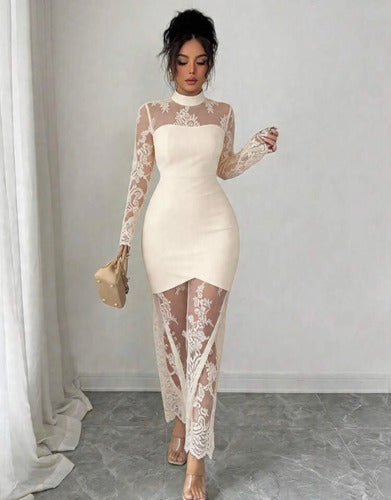Vestido Fiesta Encaje Claro Boda Kica Beige Encaje L