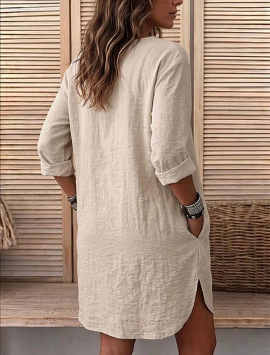 Camisa Larga Vestido Tipo Lino Botones Y Bolsillos Elisa
