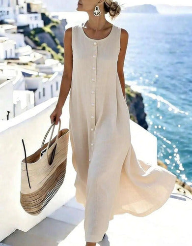Vestido Largo Lino Botones Perlados Elisa Beige Lino L