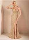 Vestido Largo Fiesta Elegante Lentejuelas Tajo Sirena Kica Dorado Lentejuelas L