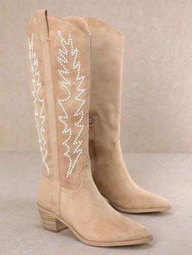 Bota Texana Camel Bordada Media Caña Kica