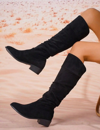 Botas Caño Alto Medio Gamuza Taco Bajo Kica Negro Gamuza 36.5 Eu