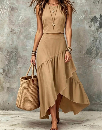 Conjunto Pollera Asimétrica Larga Y Top Crop Elisa Camel Algodón M