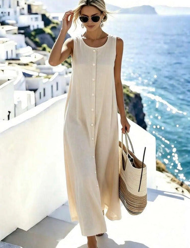 Vestido Largo Lino Botones Perlados Elisa Beige Lino L