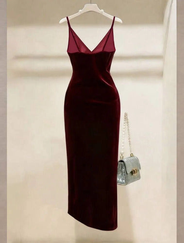Vestido De Fiesta Largo Elegante Terciopelo Y Brillante Kica Bordó Terciopelo Brillante S