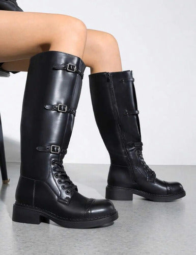 Botas Caño Alto Biker Eco Cuero Hebillas Y Cierre Kica