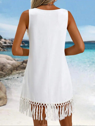 Vestido Solera Verano Playero Flecos Elisa Blanco Algodón 38