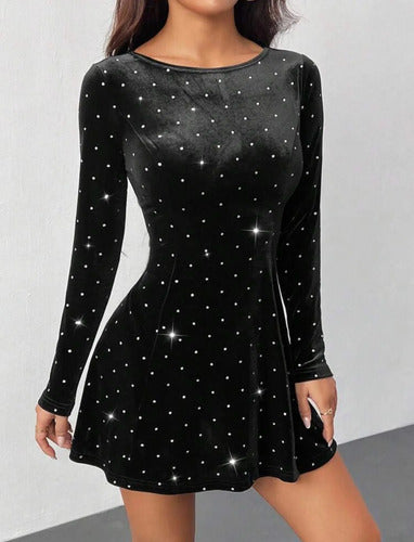 Vestidos Cortos Terciopelo Manga Larga Brilloso Kica