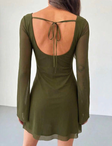 Vestido Corto De Fiesta Manga Larga Gasa Kica