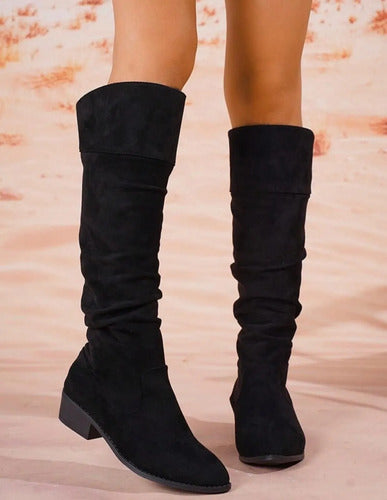Botas Caño Alto Medio Gamuza Taco Bajo Kica Negro Gamuza 36.5 Eu