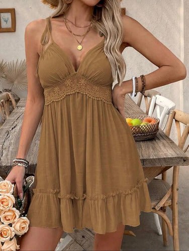 Vestido De Playa Mujer Sin Mangas Corto Estampado Marrón Gasa Encaje M
