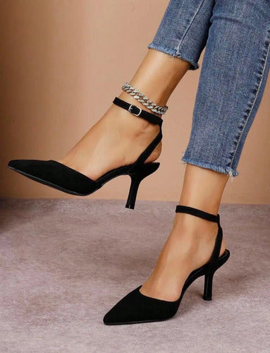 Zapato Stiletto Charol Pulsera Taco Trompeta Medio Kica Negro Gamuza 37.5 Eu