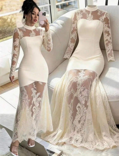 Vestido Fiesta Encaje Claro Boda Kica Beige Encaje L