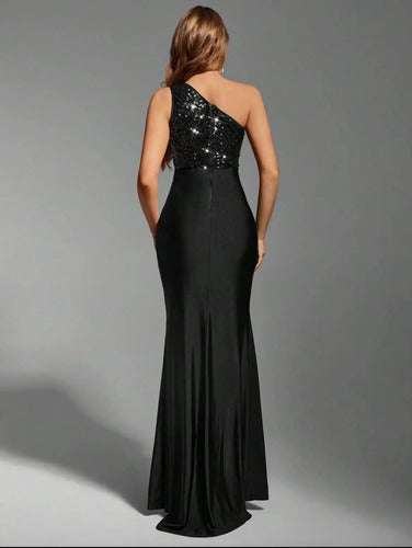 Vestido Largo De Fiesta Lentejuela Y Raso Kica Negro Lentejuelas/raso L