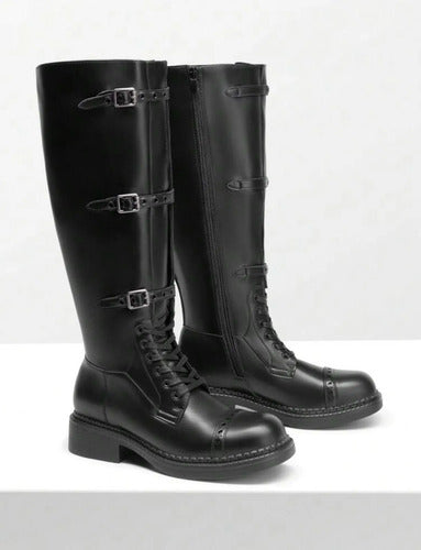 Botas Caño Alto Biker Eco Cuero Hebillas Y Cierre Kica