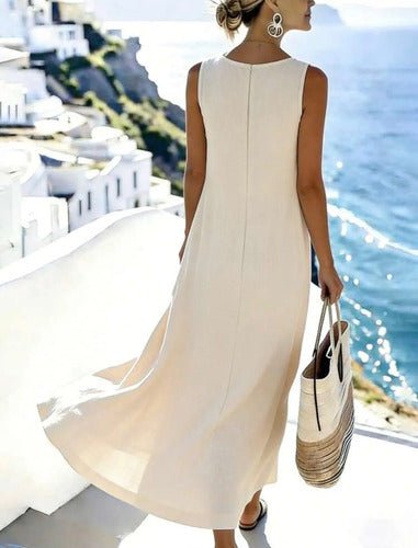 Vestido Largo Lino Botones Perlados Elisa Beige Lino L