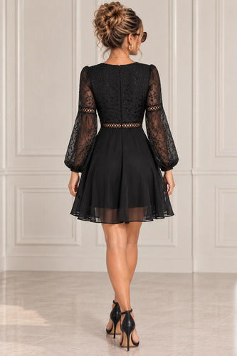 Vestido Corto Fiesta Gasa Bordado Elegante Elisa Negro Bordado Xl