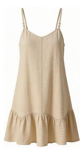 Vestido Mujer Corto Verano Breteles Volado Casual Elisa Beige Gasa M