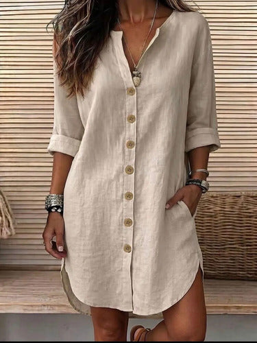 Camisa Larga Vestido Tipo Lino Botones Y Bolsillos Elisa