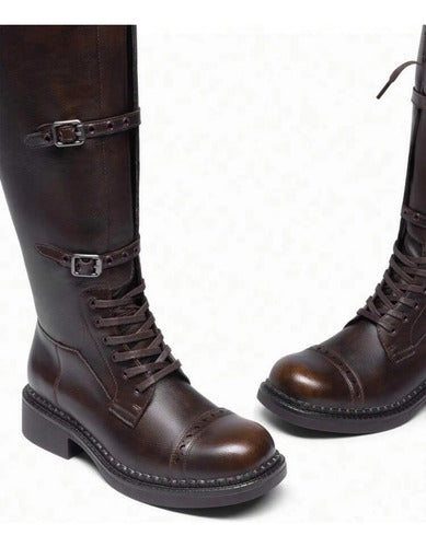 Botas Caño Alto Biker Eco Cuero Hebillas Y Cierre Kica