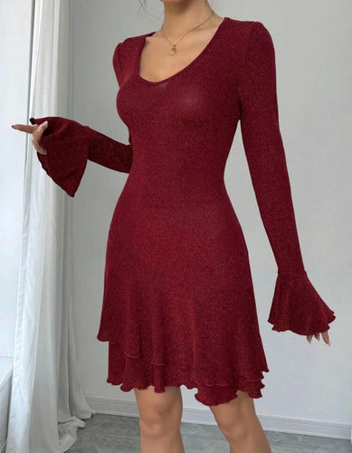 Vestido Fiesta Volados Brilloso Kica Bordó Fibrana L