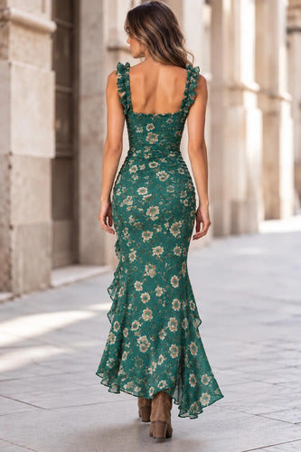 Vestido Largo Floral Volados Y Tajo Elisa