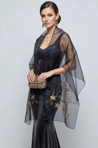 Chal Fiesta Translucido Bordado Amplio Pashmina Negro Bordado Unico