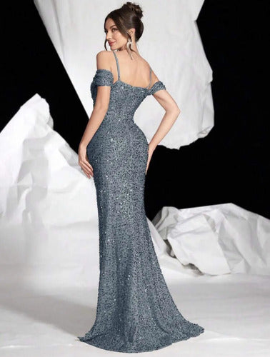 Vestido Largo Fiesta Elegante LentejuelasTajo Sirena Kica Malva Lentejuelas M