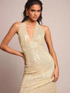 Vestido Largo Fiesta Lentejuelas Espalda Descubierta Kica Dorado Lentejuelas M