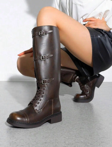 Botas Caño Alto Biker Eco Cuero Hebillas Y Cierre Kica